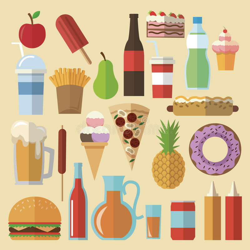 Rysunek przedstawia symboliczne pokarmy i napoje: jabłko, loda, gruszkę, frytki, babeczkę, pizzę, lód, ananas, obwarzanek, piwo, hamburger, sok, ketchup, musztardę, napój gazowany