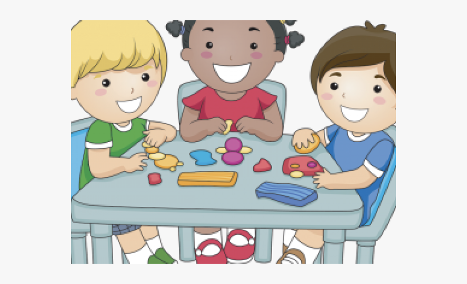 Rysunek przedstawia troje dzieci siedzących przy stoliku, chłopiec w zielonej bluzce lepi gąsienice, dziewczynka w czerwonej bluzce lepi bałwana, chłopiec w niebieskiej bluzce lepi samochód z plasteliny